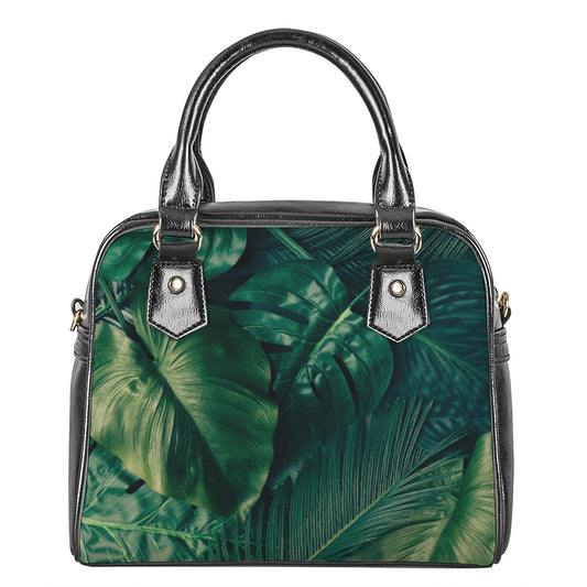 Tropical Green Leaves Print Shoulder Handbag
