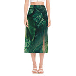 Tropical Green Leaves Print Side Slit Midi Skirt