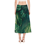 Tropical Green Leaves Print Side Slit Midi Skirt