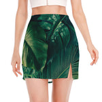 Tropical Green Leaves Print Side Slit Mini Skirt