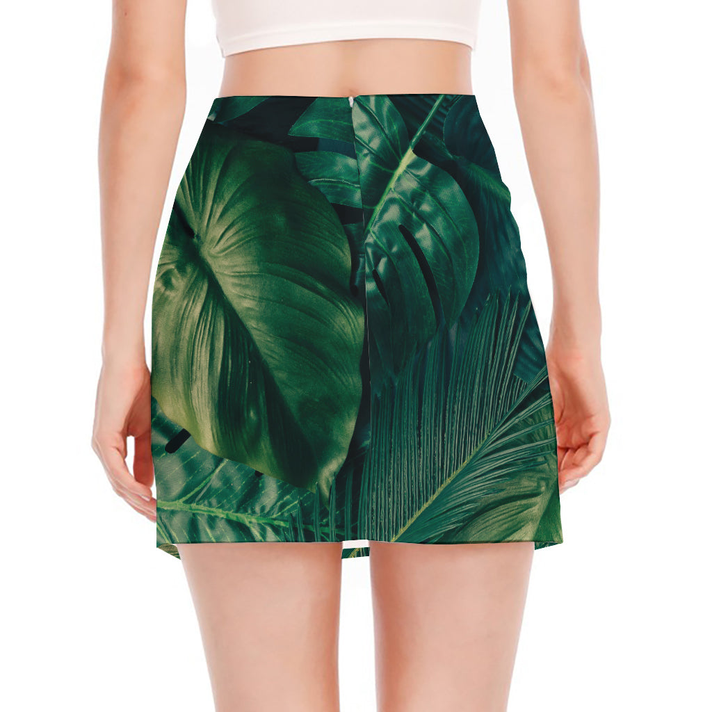 Tropical Green Leaves Print Side Slit Mini Skirt
