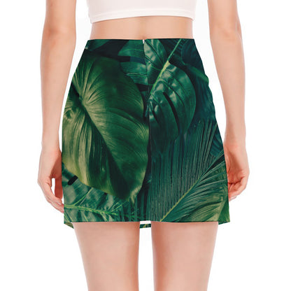 Tropical Green Leaves Print Side Slit Mini Skirt