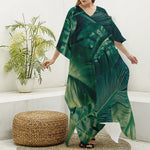 Tropical Green Leaves Print Silk V-Neck Kaftan Dress