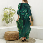 Tropical Green Leaves Print Silk V-Neck Kaftan Dress