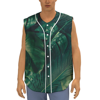 Tropical Green Leaves Print Sleeveless Baseball Jersey