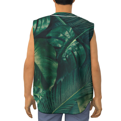 Tropical Green Leaves Print Sleeveless Baseball Jersey