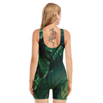 Tropical Green Leaves Print Sleeveless One Piece Swimsuit