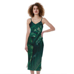 Tropical Green Leaves Print Slim Fit Midi Cami Dress