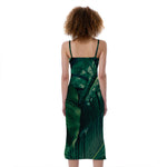 Tropical Green Leaves Print Slim Fit Midi Cami Dress
