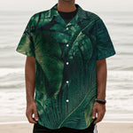 Tropical Green Leaves Print Textured Short Sleeve Shirt