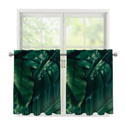 Tropical Green Leaves Print Tier Curtains