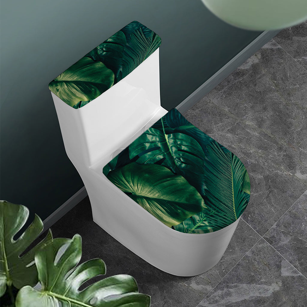 Tropical Green Leaves Print Toilet Lid And Tank Cover Set