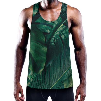 Tropical Green Leaves Print Training Tank Top