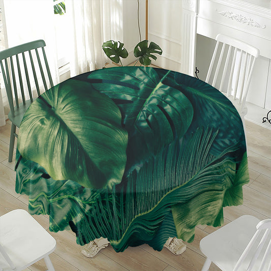 Tropical Green Leaves Print Waterproof Round Tablecloth