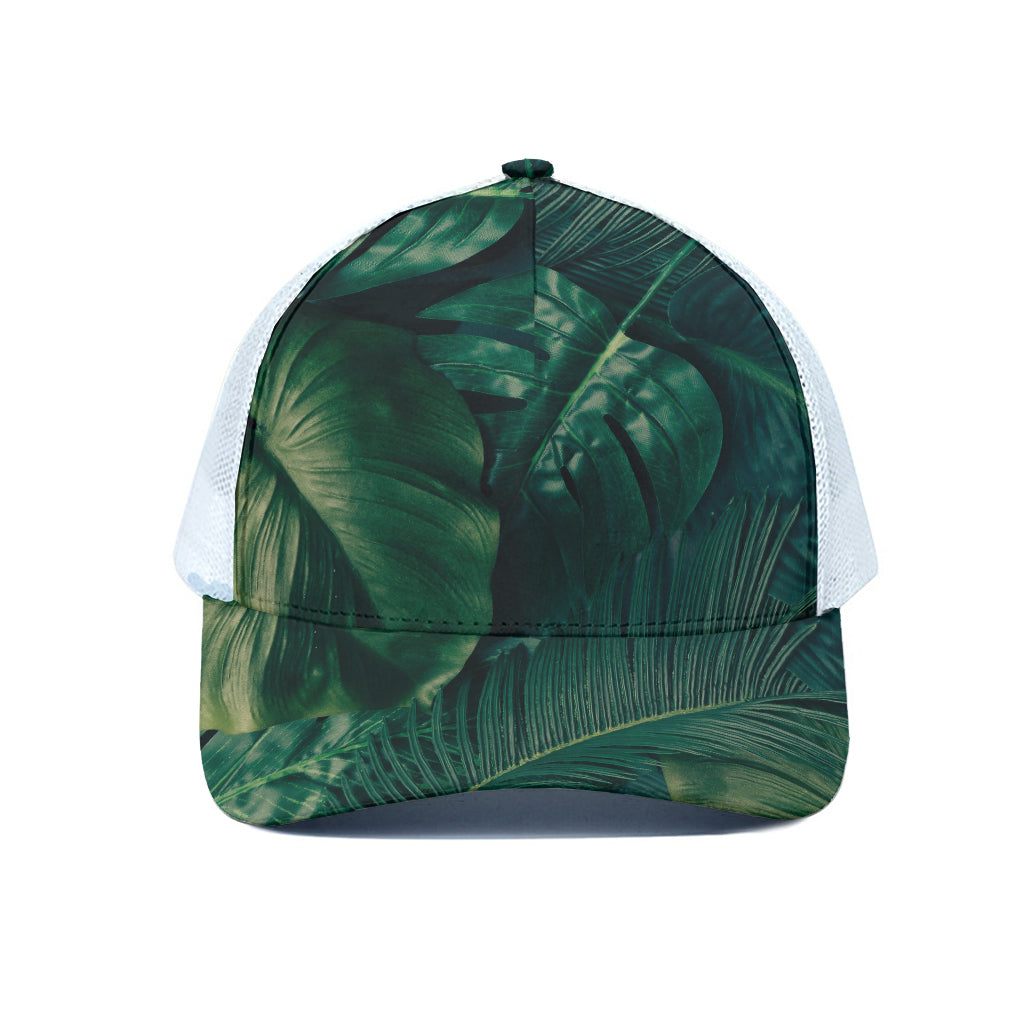 Tropical Green Leaves Print White Mesh Trucker Cap