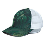 Tropical Green Leaves Print White Mesh Trucker Cap