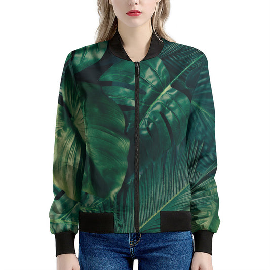 Tropical Green Leaves Print Women's Bomber Jacket