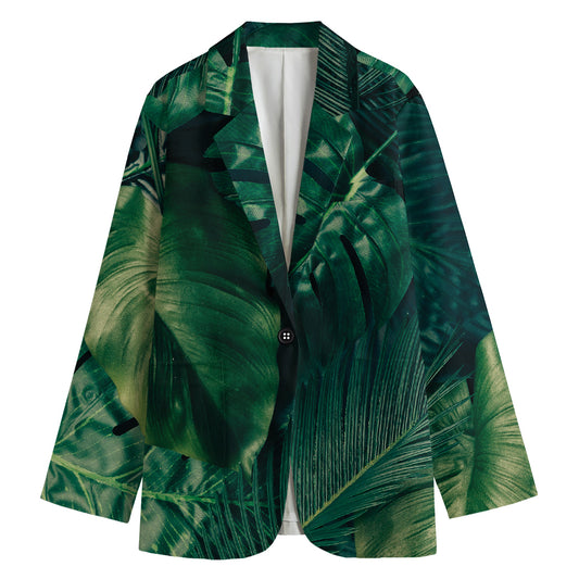 Tropical Green Leaves Print Women's Cotton Blazer