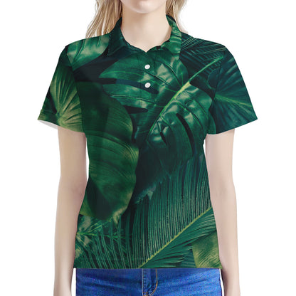 Tropical Green Leaves Print Women's Polo Shirt