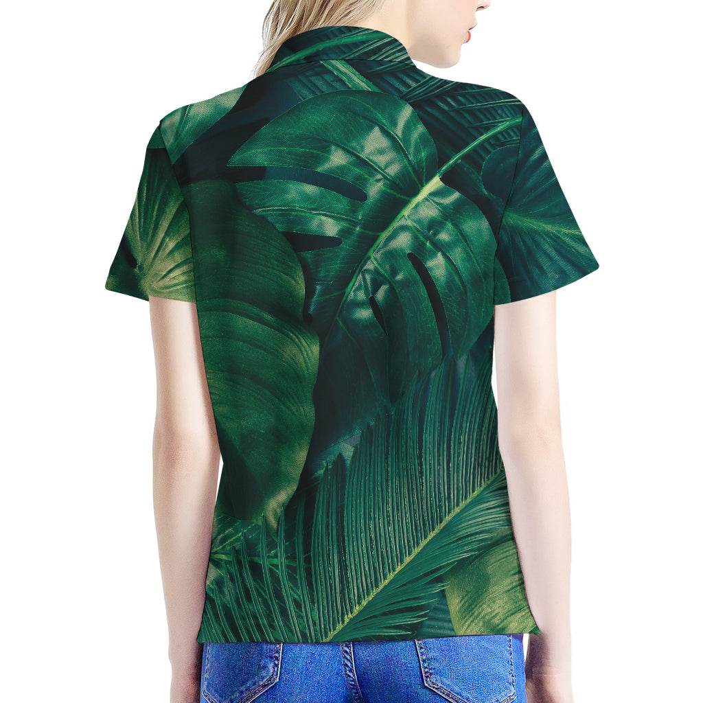 Tropical Green Leaves Print Women's Polo Shirt