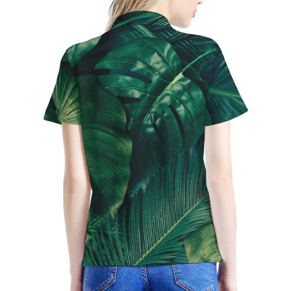 Tropical Green Leaves Print Women's Polo Shirt