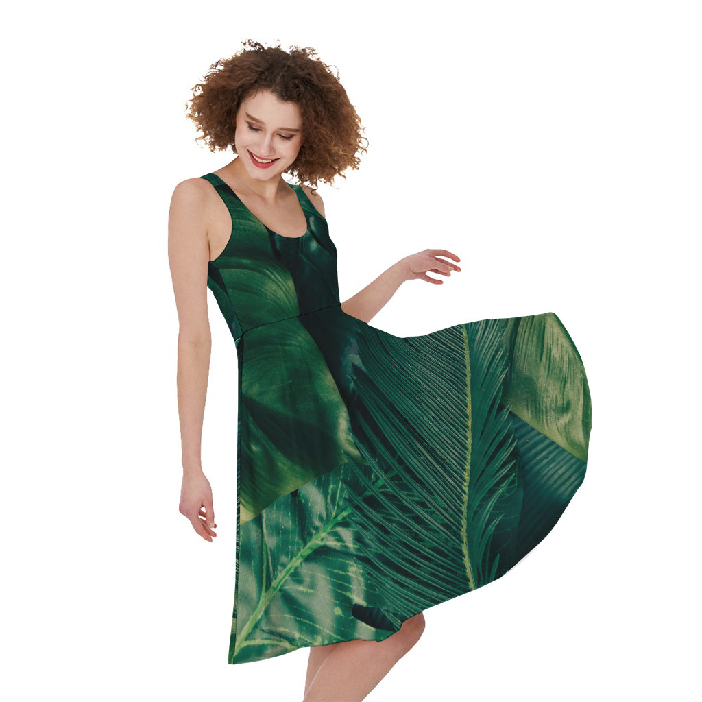 Tropical Green Leaves Print Women's Sleeveless Dress