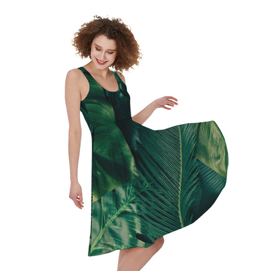 Tropical Green Leaves Print Women's Sleeveless Dress