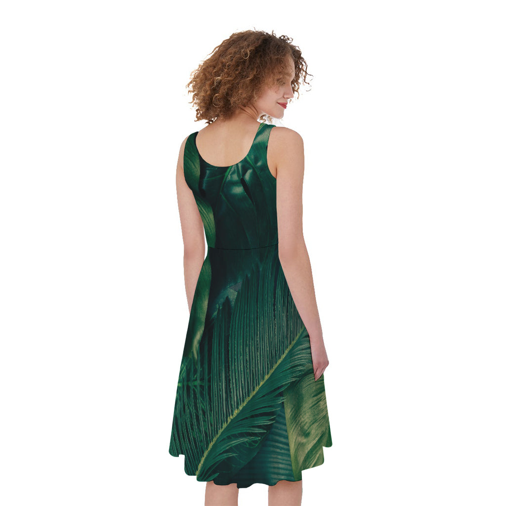 Tropical Green Leaves Print Women's Sleeveless Dress