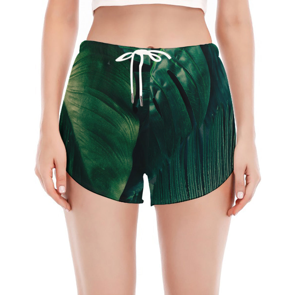 Tropical Green Leaves Print Women's Split Running Shorts