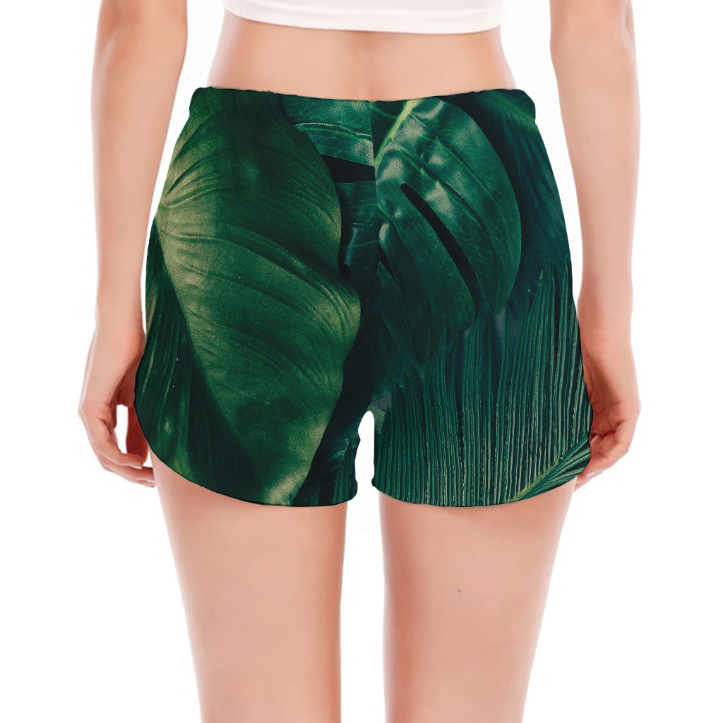 Tropical Green Leaves Print Women's Split Running Shorts