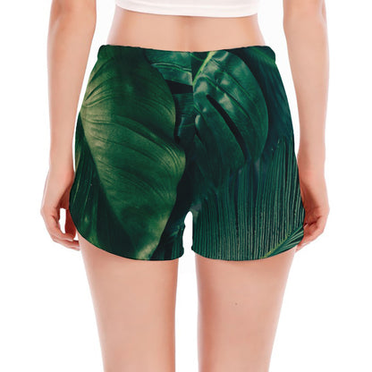 Tropical Green Leaves Print Women's Split Running Shorts