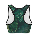 Tropical Green Leaves Print Women's Sports Bra