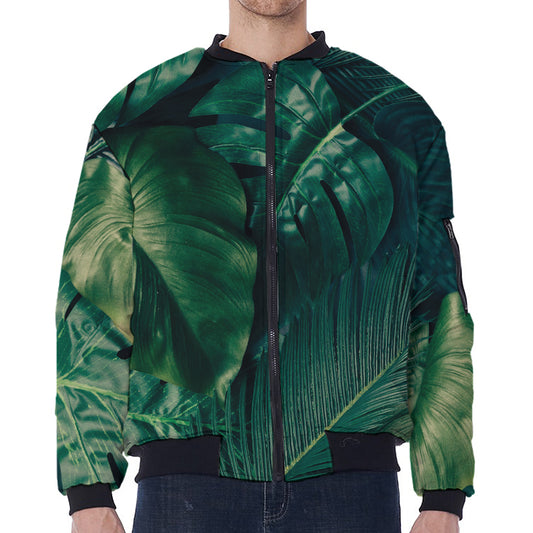 Tropical Green Leaves Print Zip Sleeve Bomber Jacket