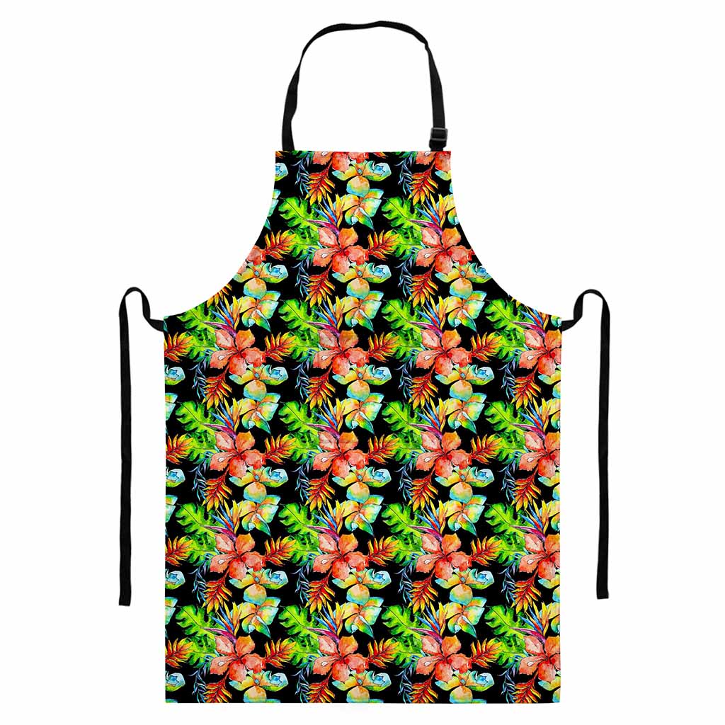 Tropical Hawaii Flowers Pattern Print Bib Apron With Pocket