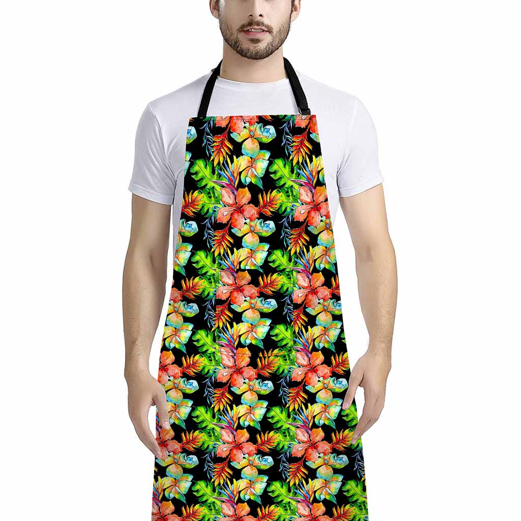 Tropical Hawaii Flowers Pattern Print Bib Apron With Pocket