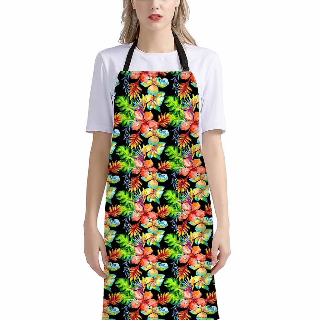 Tropical Hawaii Flowers Pattern Print Bib Apron With Pocket