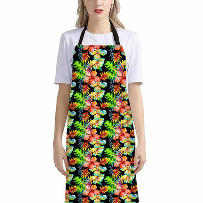 Tropical Hawaii Flowers Pattern Print Bib Apron With Pocket