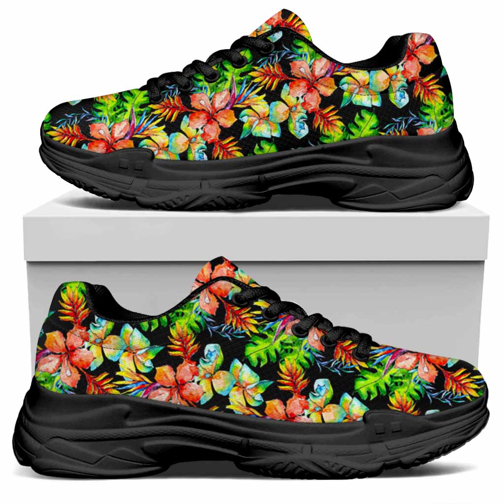 Tropical Hawaii Flowers Pattern Print Black Chunky Shoes