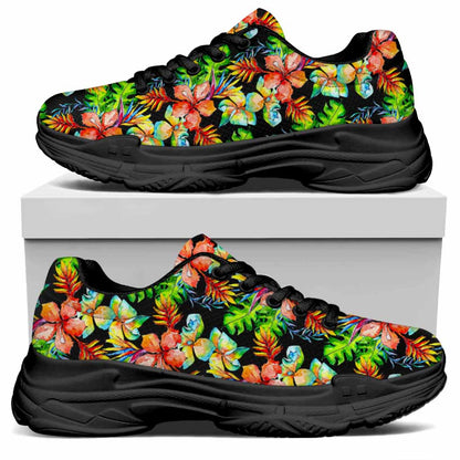 Tropical Hawaii Flowers Pattern Print Black Chunky Shoes