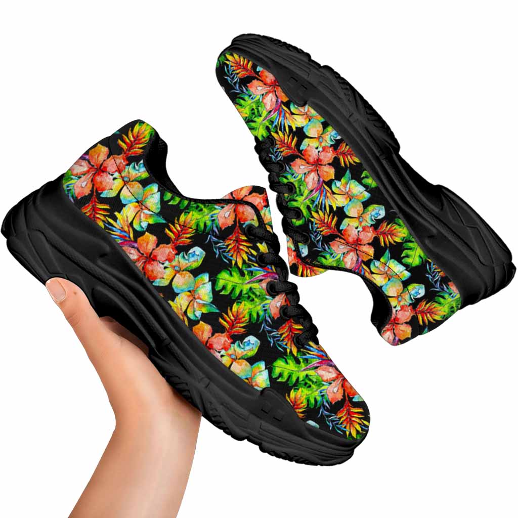 Tropical Hawaii Flowers Pattern Print Black Chunky Shoes