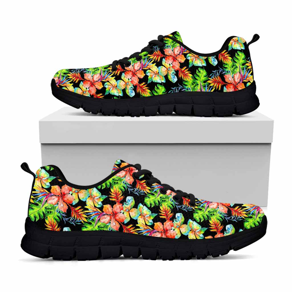 Tropical Hawaii Flowers Pattern Print Black Running Shoes