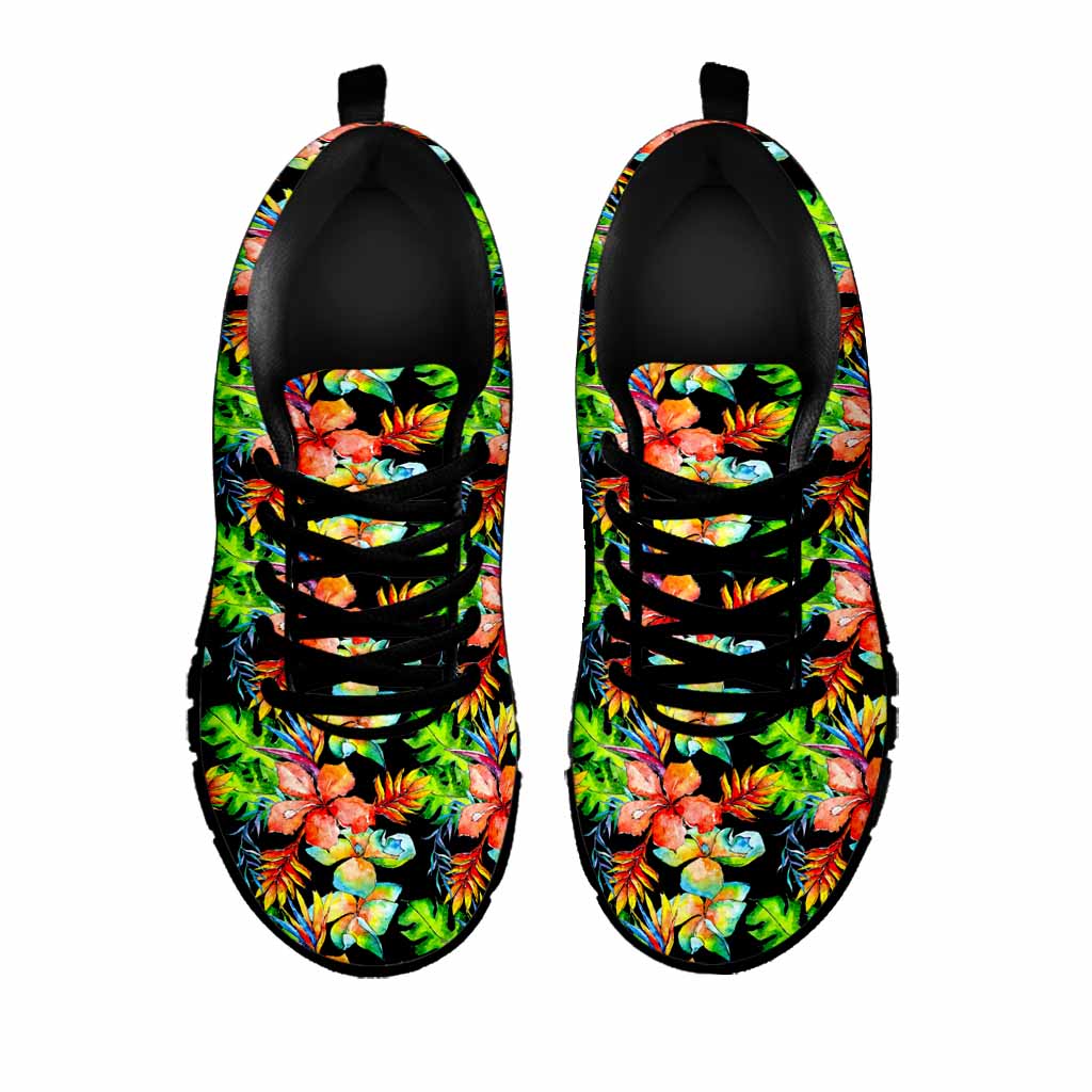 Tropical Hawaii Flowers Pattern Print Black Running Shoes