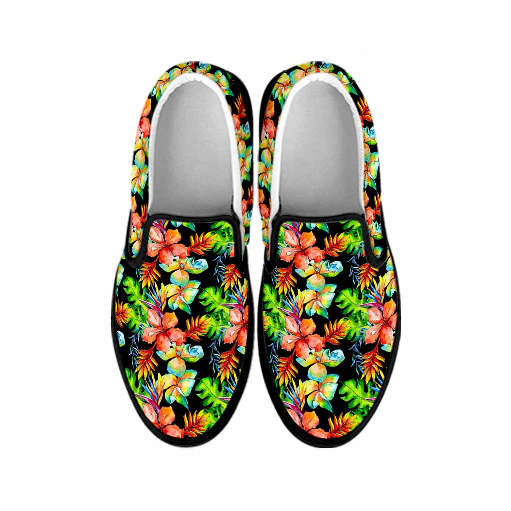 Tropical Hawaii Flowers Pattern Print Black Slip On Sneakers