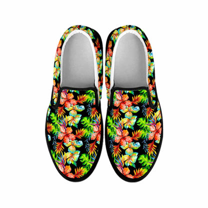 Tropical Hawaii Flowers Pattern Print Black Slip On Sneakers