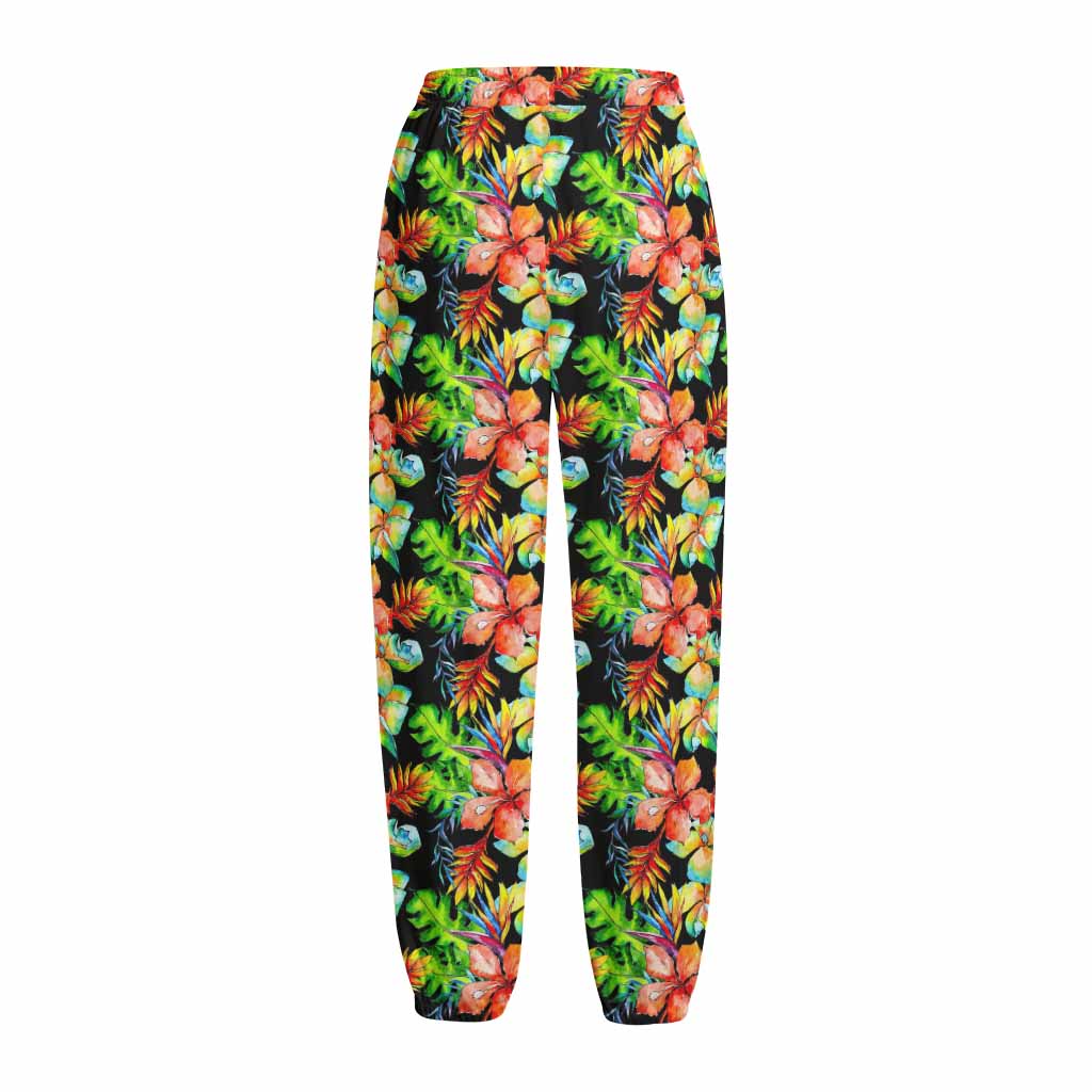 Tropical Hawaii Flowers Pattern Print Fleece Lined Knit Pants