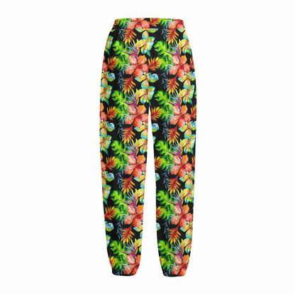 Tropical Hawaii Flowers Pattern Print Fleece Lined Knit Pants