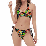 Tropical Hawaii Flowers Pattern Print Halter Scoop Tie Side Bikini