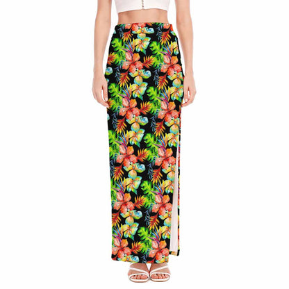 Tropical Hawaii Flowers Pattern Print High Slit Maxi Skirt