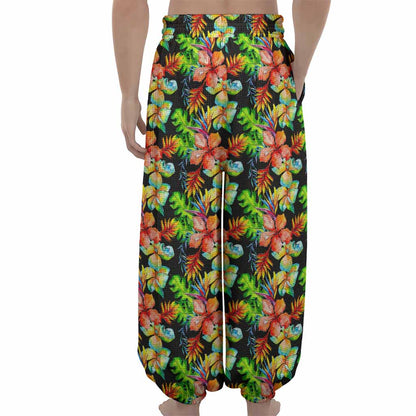Tropical Hawaii Flowers Pattern Print Lantern Pants