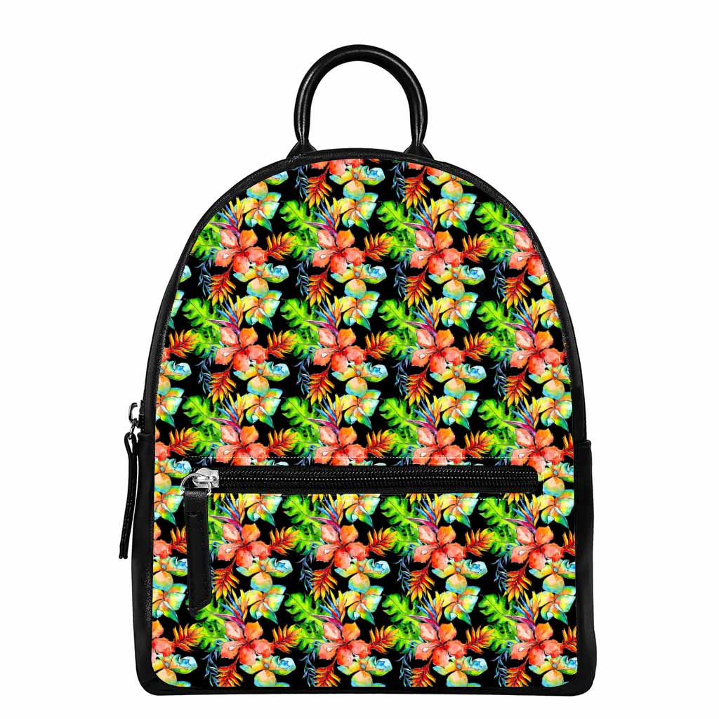 Tropical Hawaii Flowers Pattern Print Leather Backpack